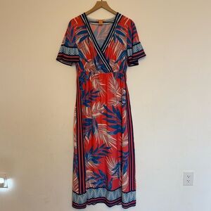 Flying Tomato Red and Blue Leaf Print Midi Dress